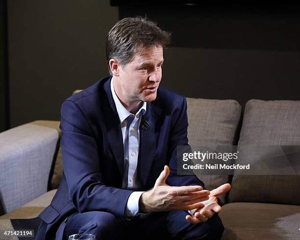 Nick Clegg interview with Angie Greaves for Bauer City Network on April 28, 2015 in London, England.