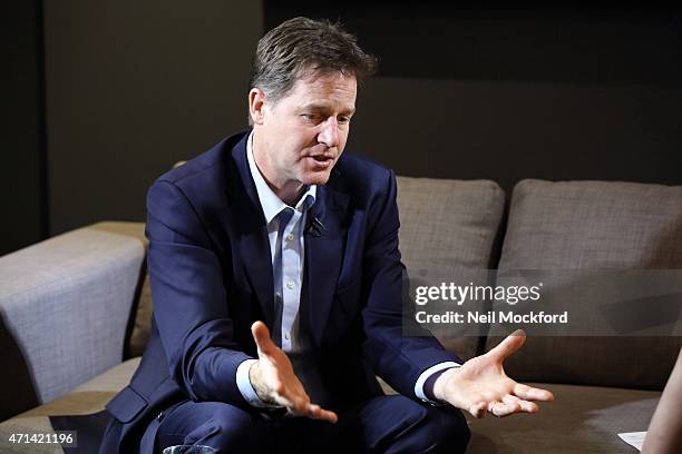 Nick Clegg interview with Angie Greaves for Bauer City Network on April 28, 2015 in London, England.