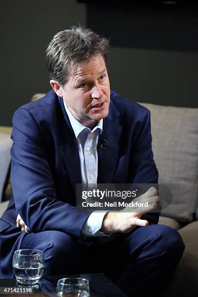 Nick Clegg interview with Angie Greaves for Bauer City Network on April 28, 2015 in London, England.