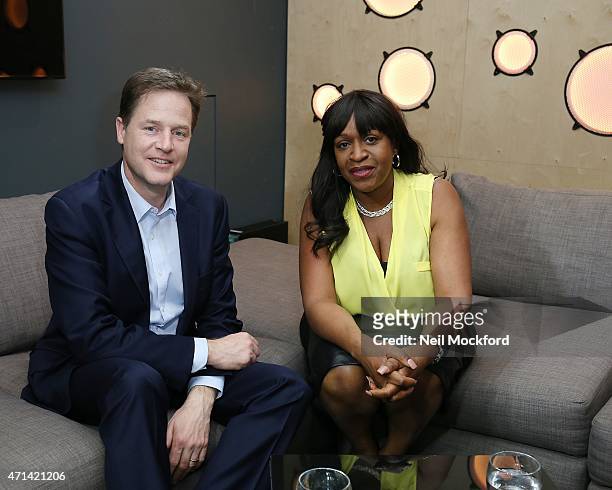 Nick Clegg interview with Angie Greaves for Bauer City Network on April 28, 2015 in London, England.