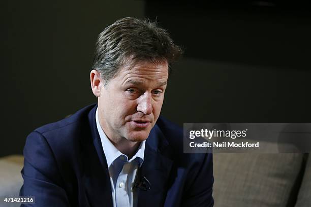 Nick Clegg interview with Angie Greaves for Bauer City Network on April 28, 2015 in London, England.