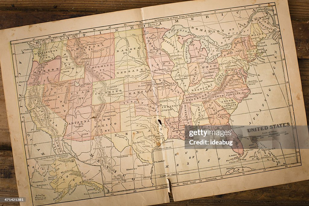 1867, Old, Color Map of United States, Sitting on Wood