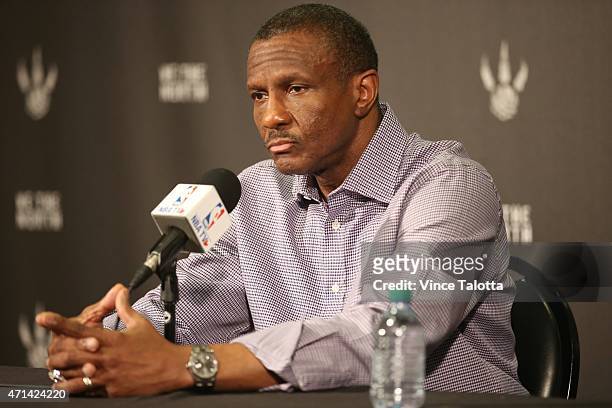 Toronto Raptors coach Dwayne Casey speaks to the media at the Air Canada Centre the day after losing game four to the Washington Wizards eliminating...