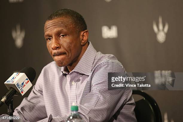 Toronto Raptors coach Dwayne Casey speaks to the media at the Air Canada Centre the day after losing game four to the Washington Wizards eliminating...