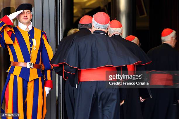 Cardinals arrive at the Paul VI Hall for the Extraordinary Consistory on the themes of Family on February 21, 2014 in Vatican City, Vatican. Pope...