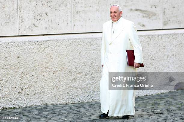 Pope Francis arrives at the Paul VI Hall for the Extraordinary Consistory on the themes of Family on February 21, 2014 in Vatican City, Vatican. Pope...