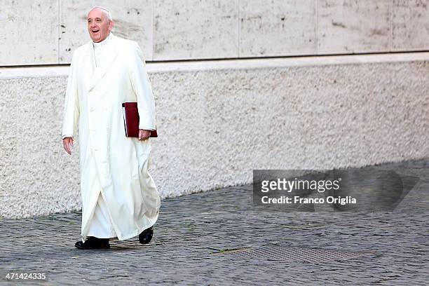 Pope Francis arrives at the Paul VI Hall for the Extraordinary Consistory on the themes of Family on February 21, 2014 in Vatican City, Vatican. Pope...