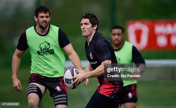 Gloucester fly half James Hook in action during Gloucester Rugby open training ahead of their European Challenge Cup final against Edinburgh on...