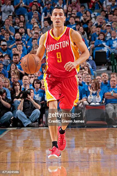 Pablo Prigioni of the Houston Rockets dribbles the ball against the Dallas Mavericks during Game Three of the Western Conference Quarterfinals of the...
