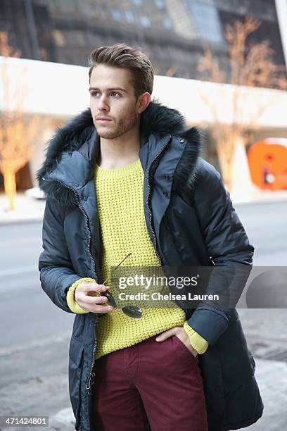 Adam Gallagher, menswear blogger of iamgalla.com seen wearing a parka and sweater by Black Sail by Nautica Fall 2014, with his own Hawkings McGill...
