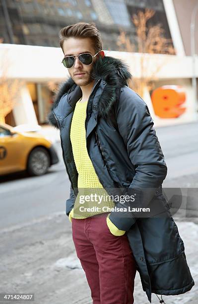 Adam Gallagher, menswear blogger of iamgalla.com seen wearing a parka and sweater by Black Sail by Nautica Fall 2014, with his own Hawkings McGill...