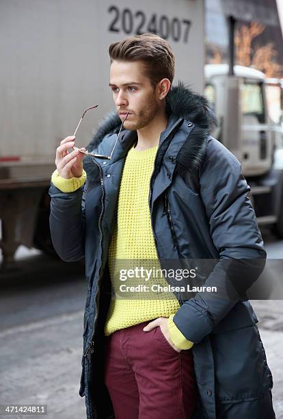 Adam Gallagher, menswear blogger of iamgalla.com seen wearing a parka and sweater by Black Sail by Nautica Fall 2014, with his own Hawkings McGill...