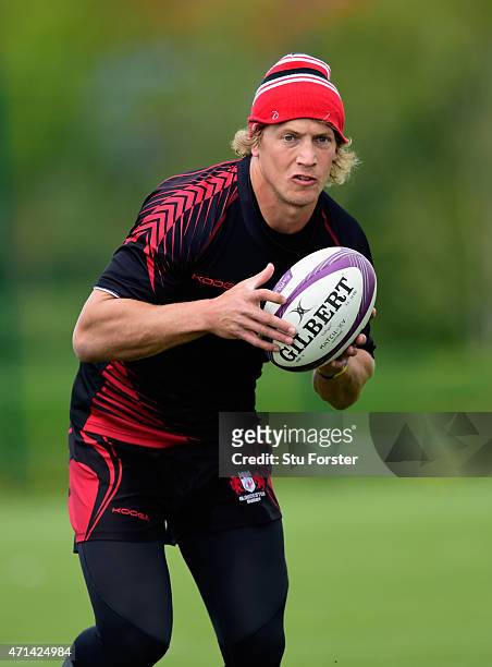 Gloucester centre Billy Twelvetrees in action during Gloucester Rugby open training ahead of their European Challenge Cup final against Edinburgh on...