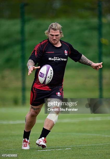 Gloucester hooker Richard Hibbard in action during Gloucester Rugby open training ahead of their European Challenge Cup final against Edinburgh on...