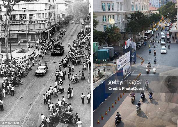 In this before-and-after composite image, Following the departure of American forces, Communist forces enter the city of Saigon , Vietnam, April 30,...