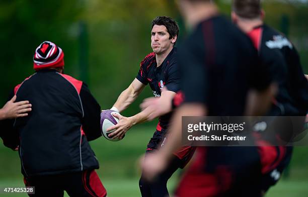Gloucester fly half James Hook in action during Gloucester Rugby open training ahead of their European Challenge Cup final against Edinburgh on...