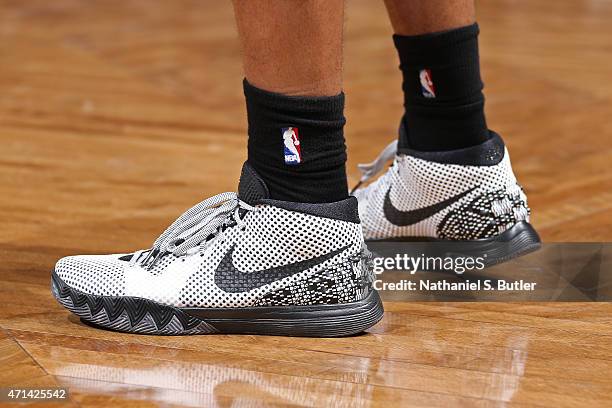 The shoes of Markel Brown of the Brooklyn Nets during Game Three of the Eastern Conference Quarterfinals against the Atlanta Hawks during the 2015...
