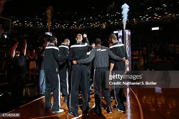 The Brooklyn Nets huddle up before Game Three of the Eastern Conference Quarterfinals against the Atlanta Hawks during the 2015 NBA Playoffs on April...