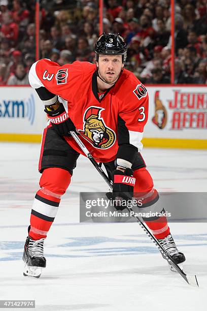 Marc Methot of the Ottawa Senators looks on prior to a face-off in Game Six of the Eastern Conference Quarterfinals against the Montreal Canadiens...