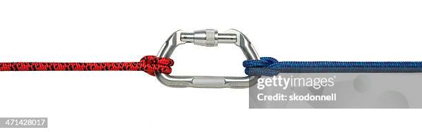 carabiner clip and climbing rope isolated on white - karabijnhaak stockfoto's en -beelden