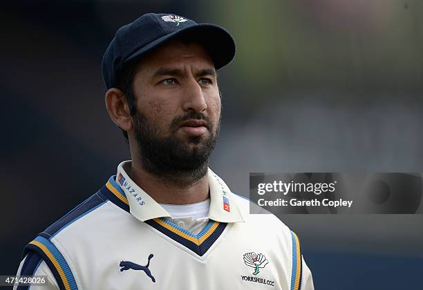 Cheteshwar Pujara of Yorkshire during day three of the LV County Championship Division One match between Yorkshire and Warwickshire at Headingley on...