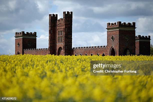 Rapeseed begins to bloom and besets Vernons Folly on April 28, 2015 in Sudbury, England. The deercote is known locally as Vernons Folly is believed...