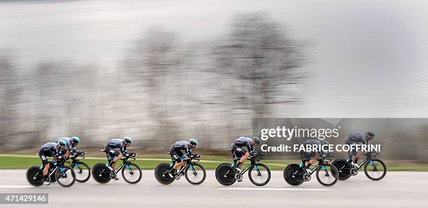 Britain's Team Sky cyclists compete to win the 19.2 km team time trial prologue between Vallee de Joux and Juraparc at the Tour de Romandie UCI World...