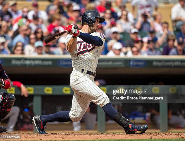 Jordan Schafer of the Minnesota Twins bats against the Cleveland Indians on April 18, 2015 at Target Field in Minneapolis, Minnesota. The Indians...