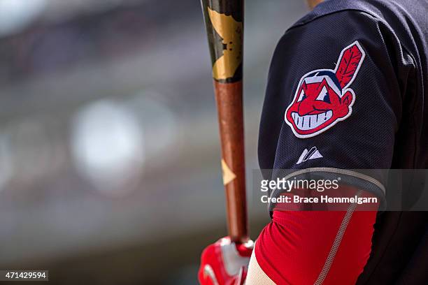 The Cleveland Indians logo on a sleeve patch of the uniform against the Minnesota Twins on April 18, 2015 at Target Field in Minneapolis, Minnesota....
