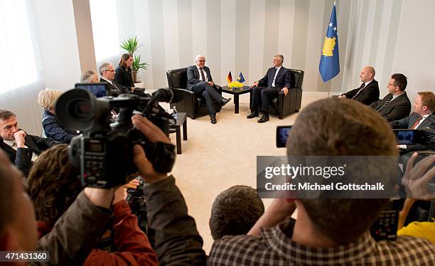 German Foreign Minister Frank-Walter Steinmeier , meets the Foreign Minister of Kosovo, Hashim Thaci, on April 28, 2015 in Pristina, Kosovo. The...