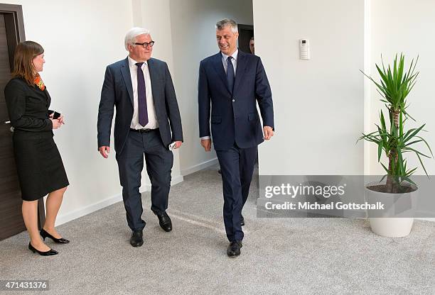 German Foreign Minister Frank-Walter Steinmeier , meets the Foreign Minister of Kosovo, Hashim Thaci, on April 28, 2015 in Pristina, Kosovo. The...