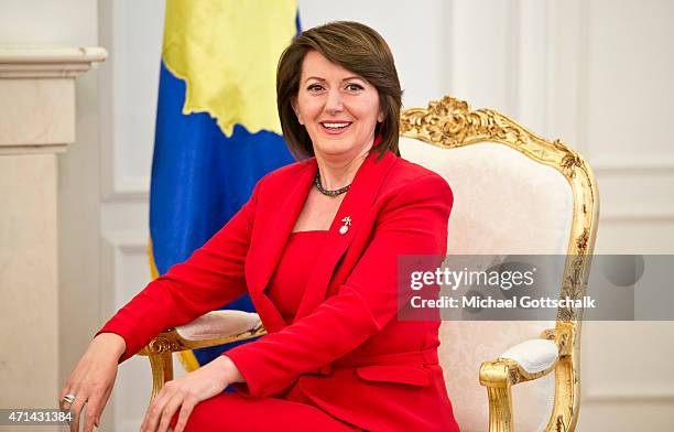 Atifete Jahjaga, President of Kosovo, during a meeting with German Foreign Minister Frank-Walter Steinmeier on April 28, 2015 in Pristina, Kosovo....