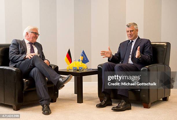 German Foreign Minister Frank-Walter Steinmeier , meets the Foreign Minister of Kosovo, Hashim Thaci, on April 28, 2015 in Pristina, Kosovo. The...