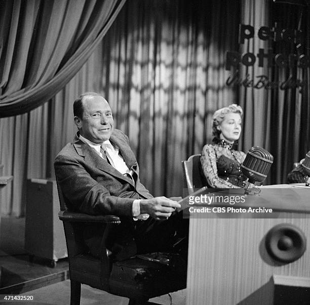 American songwriter Johnny Mercer on "Juke Box Jury." June Havoc is to the right. Image dated April 30, 1955.