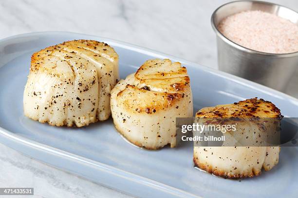 pan seared diver scallops on white marble - seared stockfoto's en -beelden