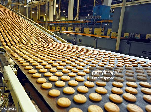 las galletas recién - fabrica alimentos fotografías e imágenes de stock