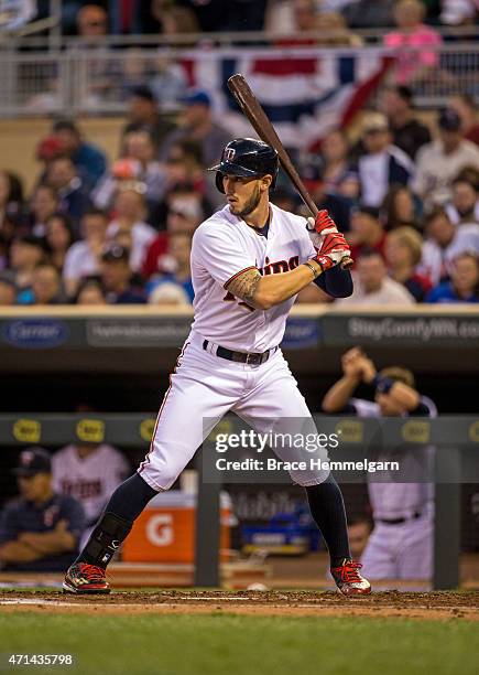 Jordan Schafer of the Minnesota Twins bats against the Cleveland Indians on April 17, 2015 at Target Field in Minneapolis, Minnesota. The Twins...