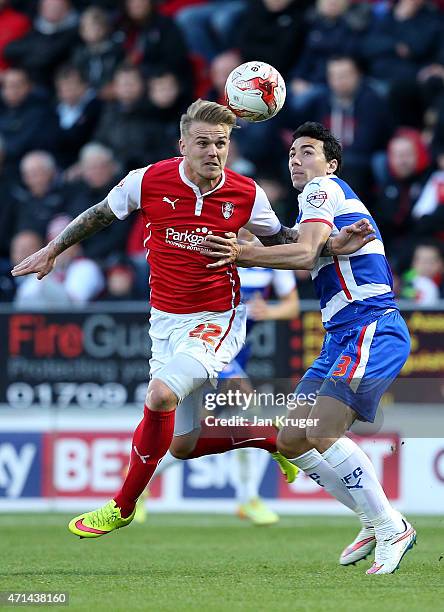 Danny Ward of Rotherham competes with Stephen Kelly of Reading during the Sky Bet Championship match between Rotherham United and Reading at The New...