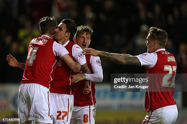 Matt Derbyshire of Rotherham celebrates scoring the opening goal with team mates during the Sky Bet Championship match between Rotherham United and...