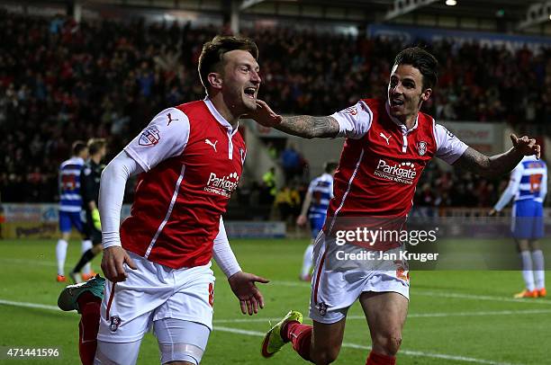 Lee Frecklington of Rotherham celebrates his goal with team mates Matt Derbyshire during the Sky Bet Championship match between Rotherham United and...