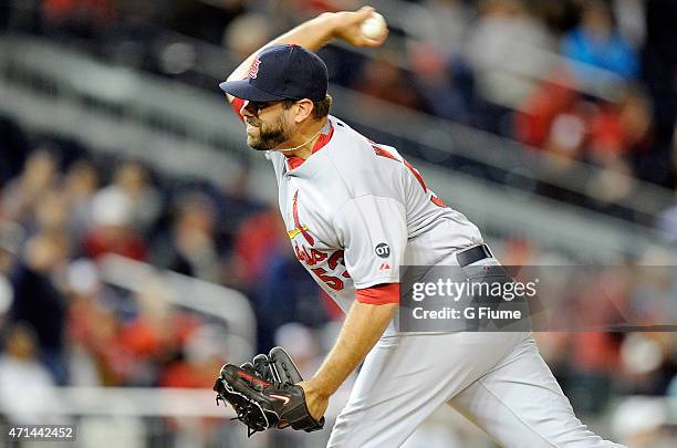 Jordan Walden of the St. Louis Cardinals pitches against the Washington Nationals at Nationals Park on April 21, 2015 in Washington, DC.