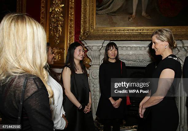 Sophie, Countess of Wessex meets fashion students during a reception for the London College of Fashion at St James's Palace on April 28, 2015 in...