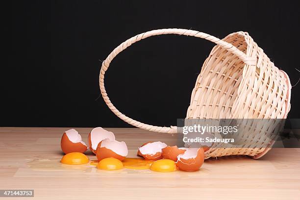 nothing left!  total loss. - eggs in basket stockfoto's en -beelden