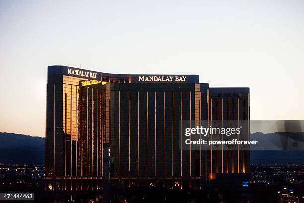 aerial shot of mandalay bay hotel and casino sunset - las vegas sunset stock pictures, royalty-free photos & images