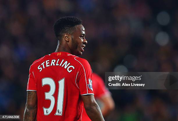 Raheem Sterling of Liverpool looks on during the Barclays Premier League match between Hull City and Liverpool at KC Stadium on April 28, 2015 in...