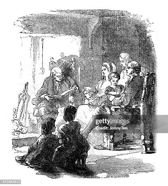 stockillustraties, clipart, cartoons en iconen met old man reading book with large family   from 1880 journal - verhalenverteller