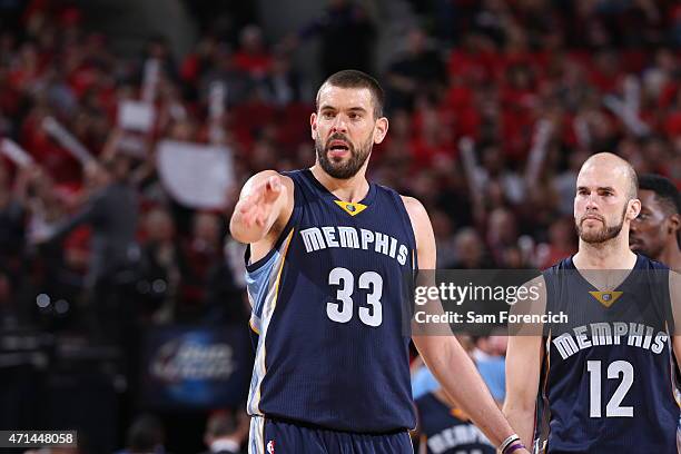 Marc Gasol of the Memphis Grizzlies stands on the court during a game against the Portland Trail Blazers in Game Three of the Western Conference...
