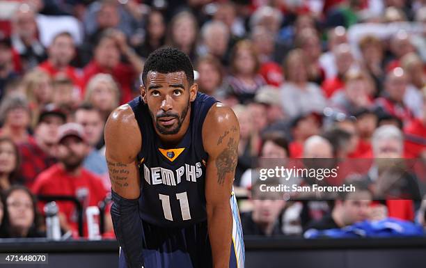 Mike Conley of the Memphis Grizzlies stands on the court during a game against the Portland Trail Blazers in Game Three of the Western Conference...