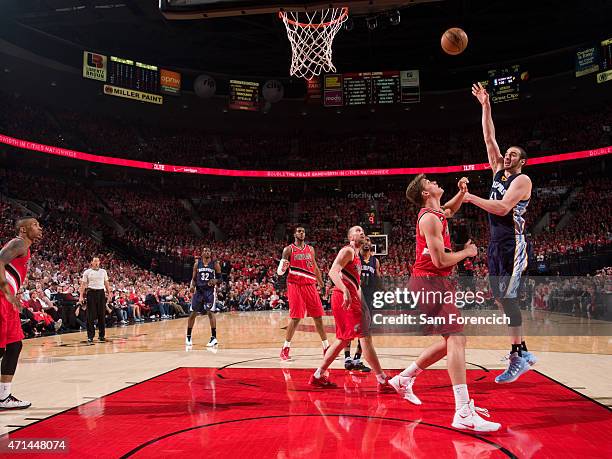 Kosta Koufos of the Memphis Grizzlies shoots against the Portland Trail Blazers in Game Three of the Western Conference Quarterfinals during the 2015...