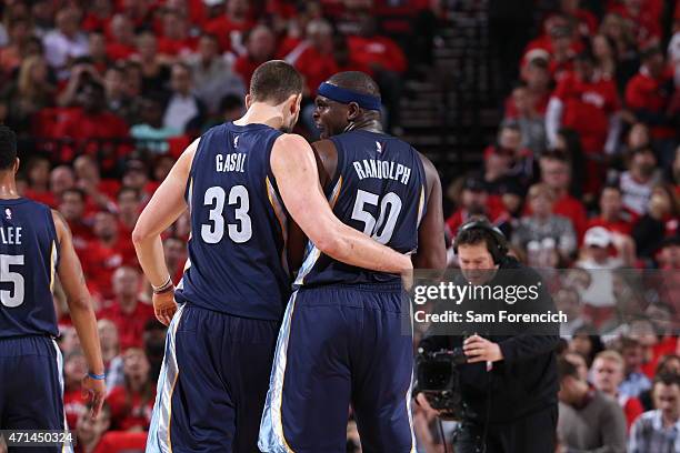 Marc Gasol and Zach Randolph of the Memphis Grizzlies celebrate during a game against the Portland Trail Blazers in Game Three of the Western...